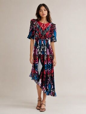 Sheridan French Ikat print Asymmetrical Ruffle Midi Dress size XS